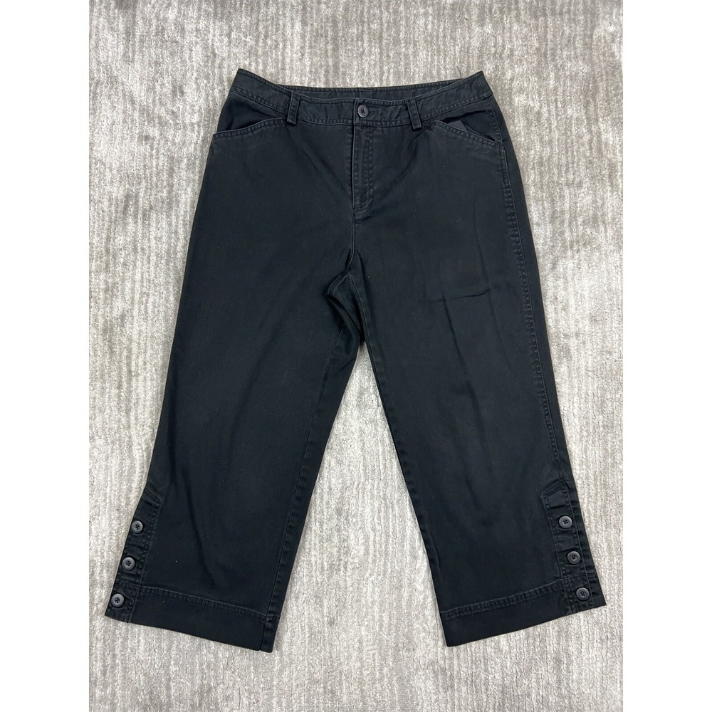 Rafaella Womens Pants Size 10 Black Capri Straight Leg Button Accent